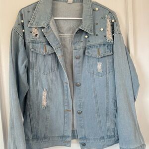 Women's Light Blue Denim Jacket with Pearl Accents pearls
